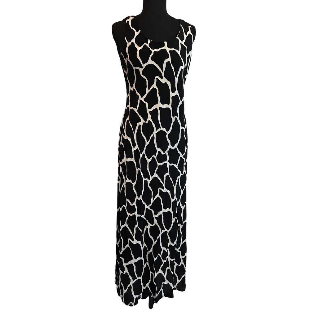 VTG 90s/Y2K Positive Attitude black white giraffe print rayon maxi dress 12P